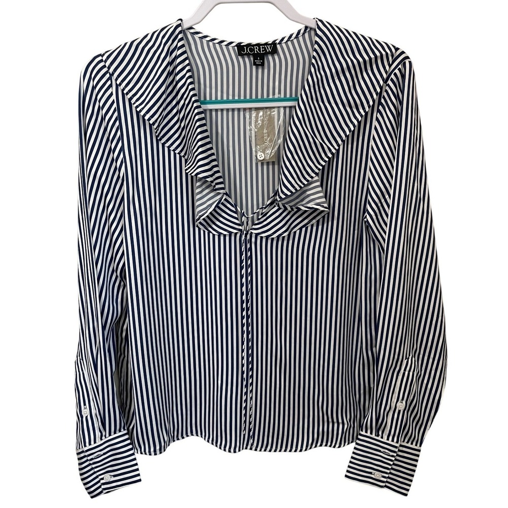 J.Crew Goldie Top in Navy Stripe Satin Size S Ruffle Neck Blouse Office Career